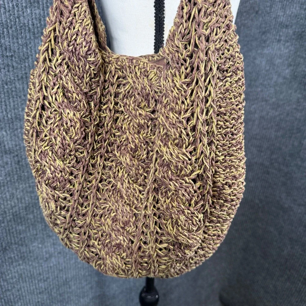 Vintage GAP 2001 Woven Raffia Hobo Bag Brown Leather Strap Textured Boho Earthy